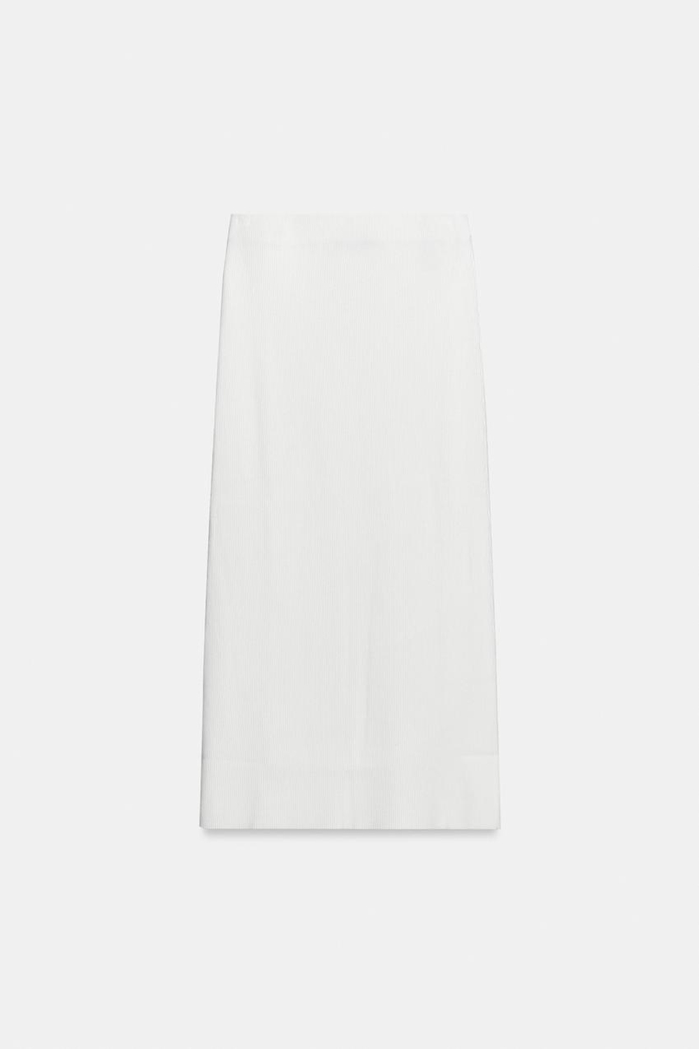 ZARA ТРИКОТАЖНАЯ ЮБКА МИДИ В РУБЧИК, БЕЛЫЙ