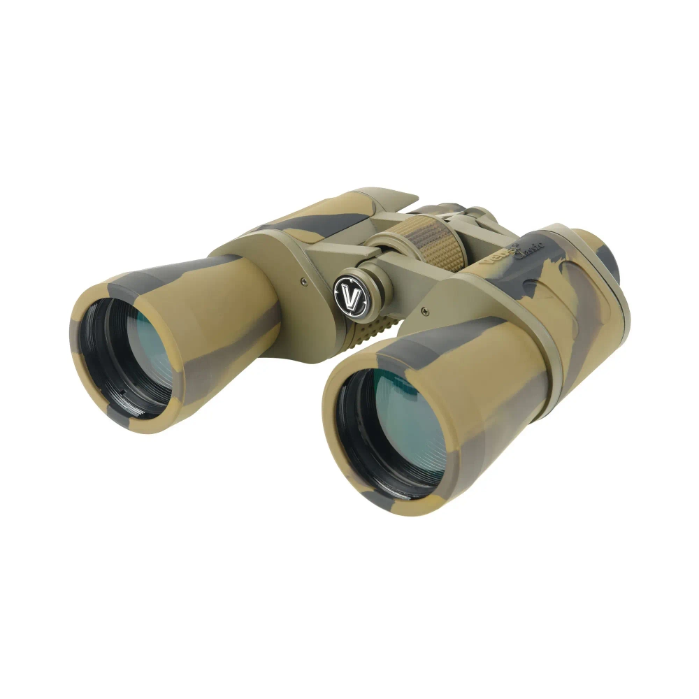 Бинокль Veber Classic БПШЦ 10x50 VRWA камуфляж, вид спереди с закрытыми линзами
