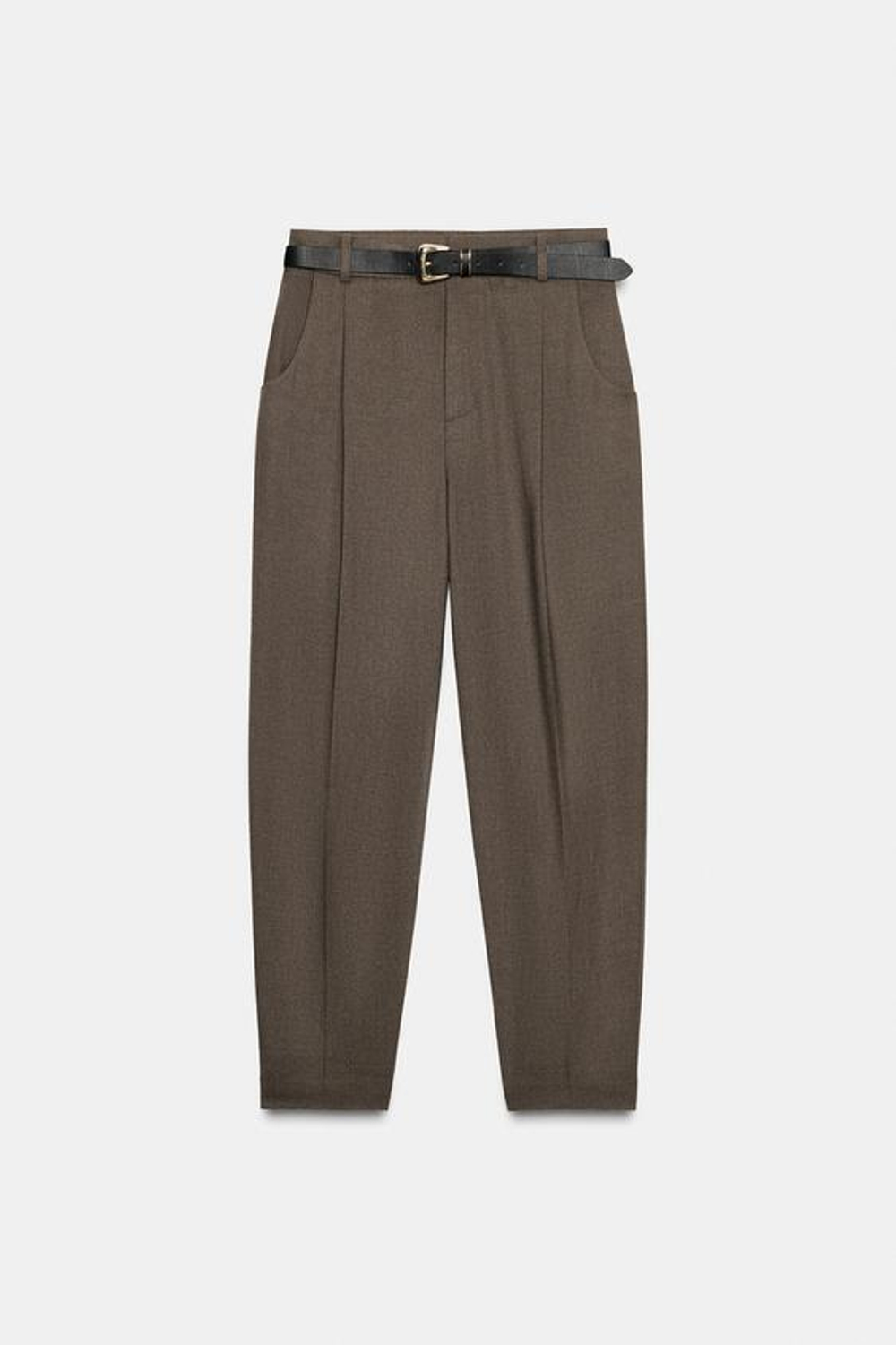 ZARA БРЮКИ С ЗАЩИПАМИ И РЕМНЕМ, СЕРО-КОРИЧНЕВЫЙ