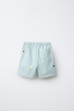 ZARA ШОРТЫ С ВЫШИВКОЙ В ПОЛОСКУ, СИНИЙ/БЕЛЫЙ