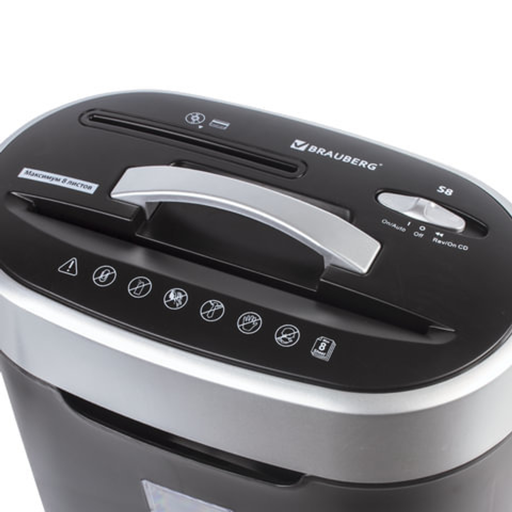 Уничтожитель (шредер) BRAUBERG S8, 4 уровень секретности, фрагменты 4х18 мм, 8 листов, 16 л, CD, 530962