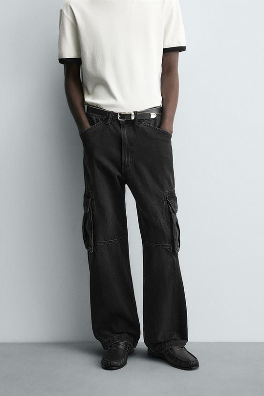 ZARA ДЖИНСЫ-КАРГО ПРЯМОГО КРОЯ, ЧЕРНЫЙ