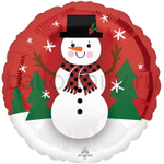Фольгированная фигура, круг, Снеговик в котелке на красном S40,18"/46СМ