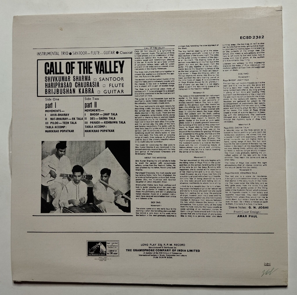 Винтажная виниловая пластинка LP Shivkumar Sharma Hariprasad Chaurasia Brijbhushan Kabra Call Of The Valley (India 1968)