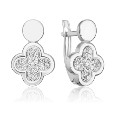 Серьги «Клевер» с английским замком из белого золота с фианитами
