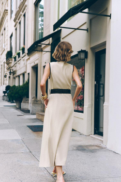 ZARA ПЛАТЬЕ-МИДИ ИЗ ЛЬНА С ПОЯСОМ, СВЕТЛО-БЕЖЕВЫЙ