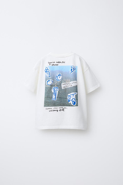 ZARA ФУТБОЛКА С ПРИНТОМ, ЖЕЛТОВАТО-БЕЛЫЙ