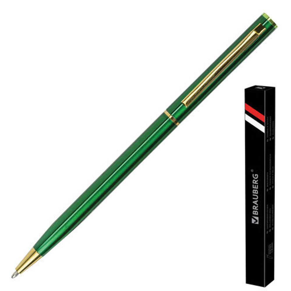 Ручка подарочная шариковая BRAUBERG "Slim Green", корпус зеленый, узел 1 мм, линия письма 0,7 мм, синяя, 141404