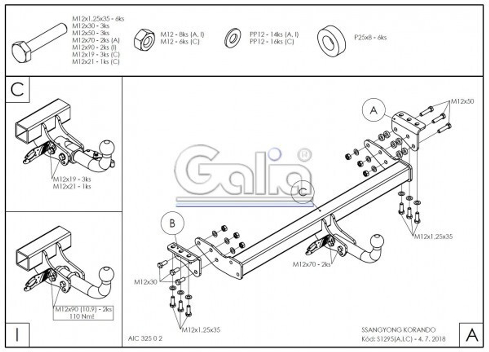Фаркоп оцинкованный Galia S129A для Ssang Yong New Actyon 2011-(паспорт и сертификат в комплекте)(без электрики)