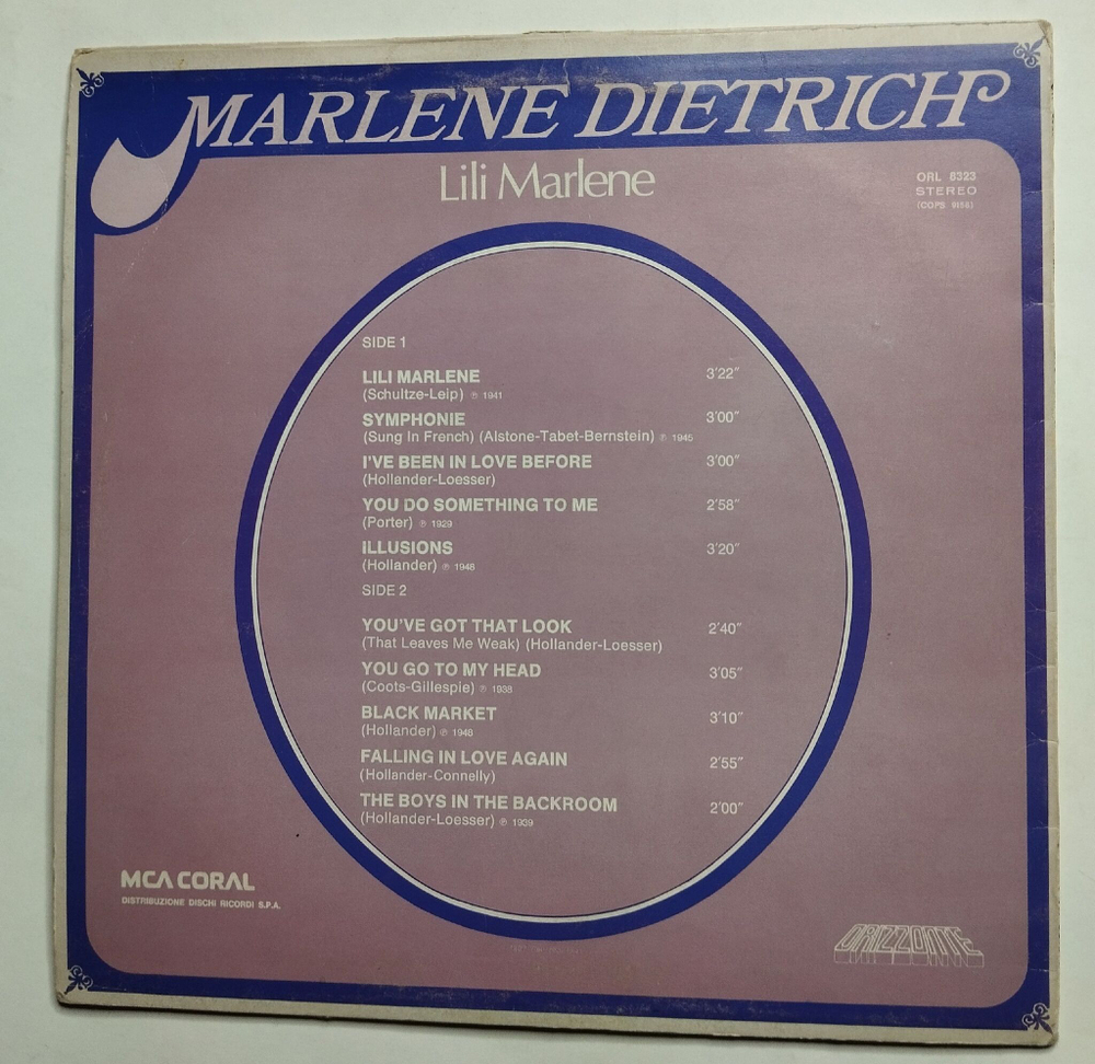 Винтажная виниловая пластинка LP Marlene Dietrich Lili Marlene (Italy 1977)