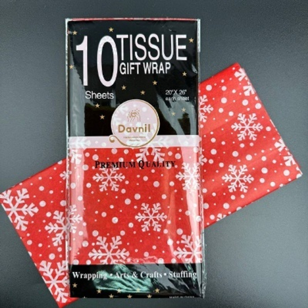 Бумага тишью Белые снежинки на красном 50х66 см (10 листов)