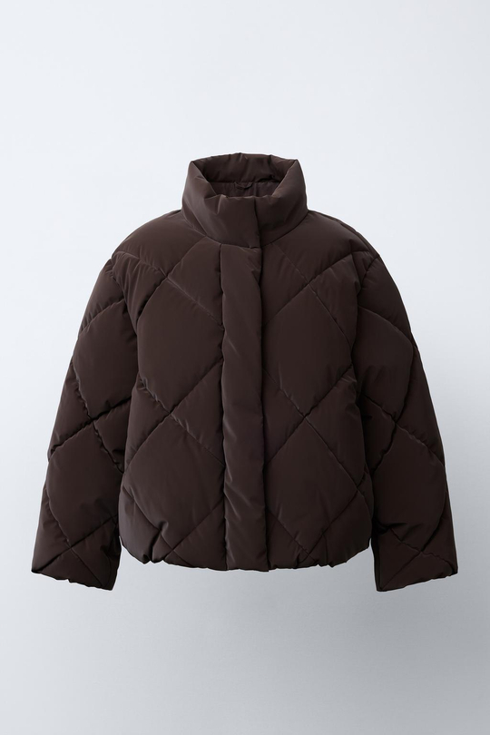 ZARA СТЕГАНАЯ КУРТКА ИЗ ПРОРЕЗИНЕННОЙ ТКАНИ, КОРИЧНЕВЫЙ