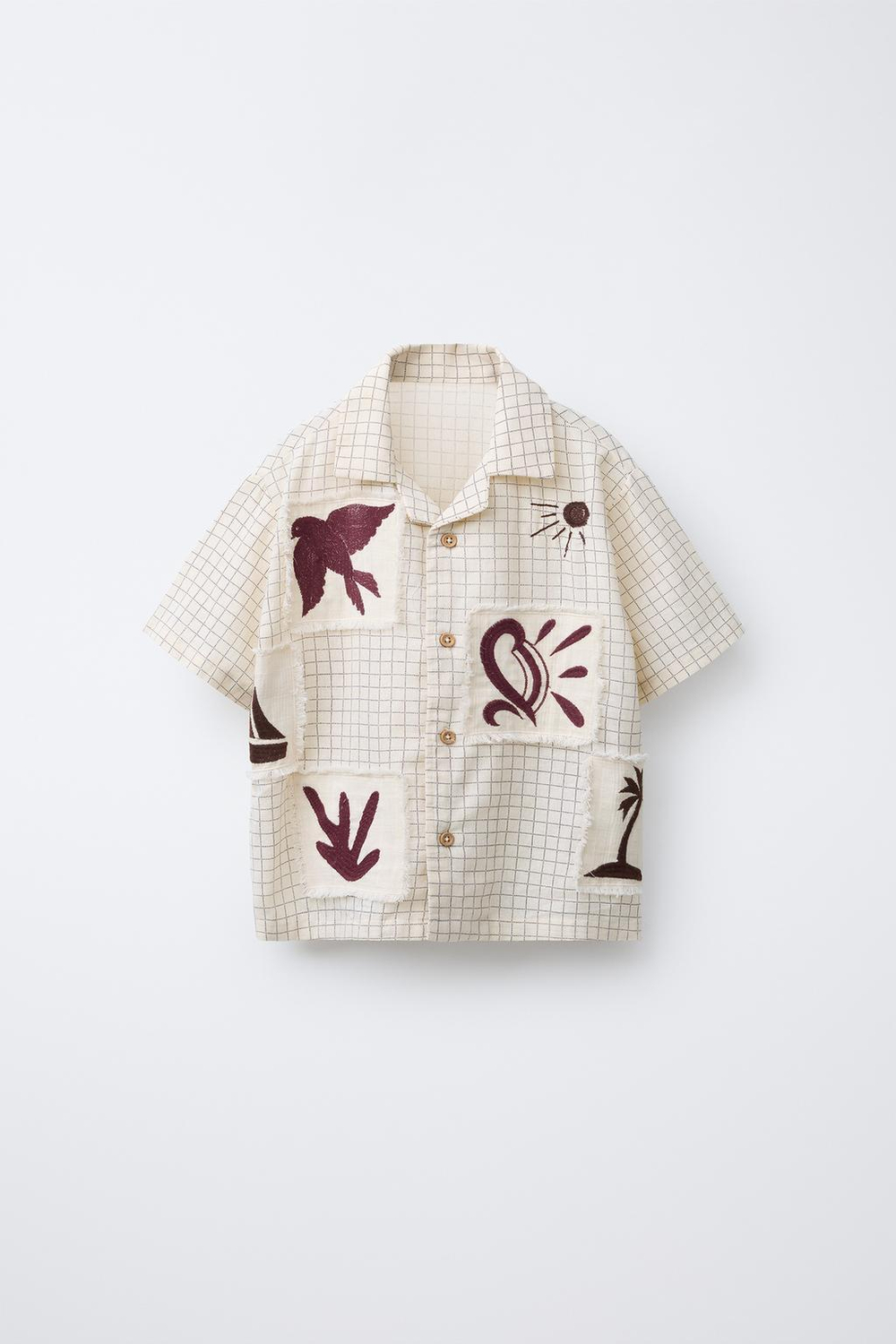 ZARA РУБАШКА В КЛЕТКУ С НАШИВКАМИ, КОРИЧНЕВЫЙ\ЭКРЮ