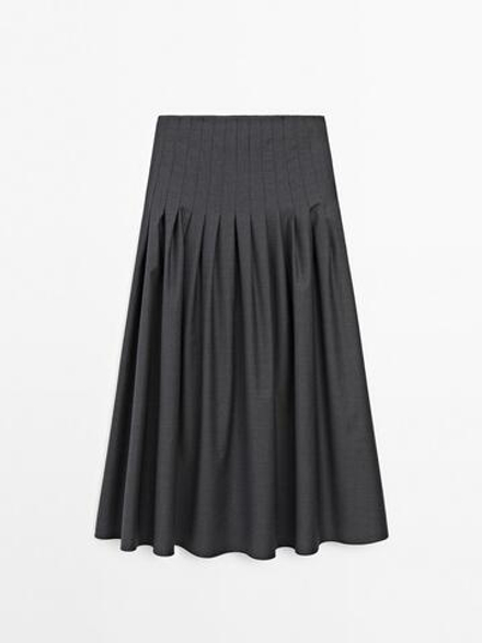 Massimo Dutti Юбка миди из смесовой шерсти с плиссировкой, серый