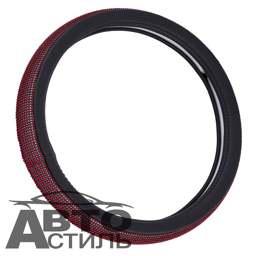 Оплетка на руль круглая Coolpart DIAMOND 50  (37*38) к/з черный/красный СТРАЗЫ A268BL-RD
