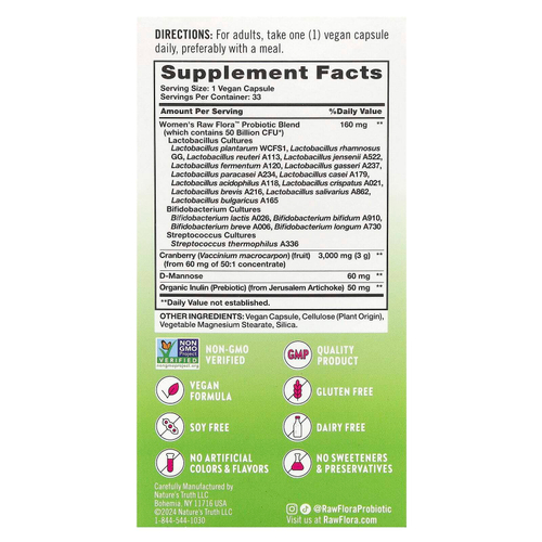 Nature's Truth, Women's Care, пробиотик-18 Raw Flora ™, 33 веганские капсулы