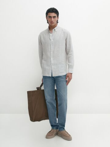 Massimo Dutti Рубашка из 100% льна в полоску, зеленый