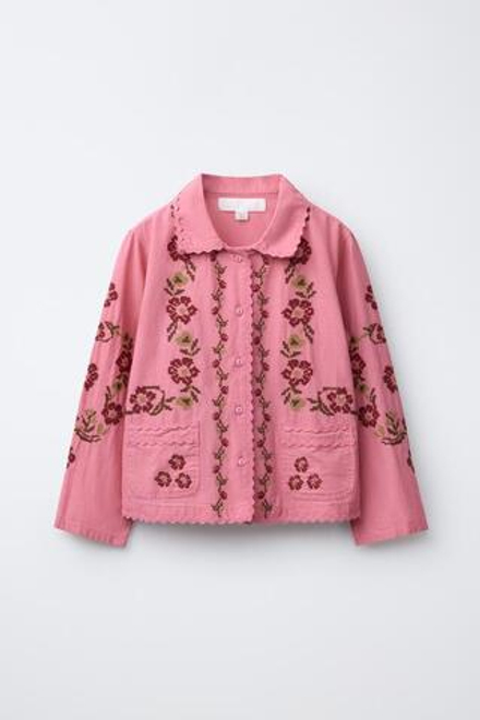 ZARA КУРТКА-РУБАШКА ИЗ ХЛОПКА И ЛЬНА С ВЫШИВКОЙ КРЕСТИКОМ, ЦВЕТ РОЗОВОГО МЕЛА