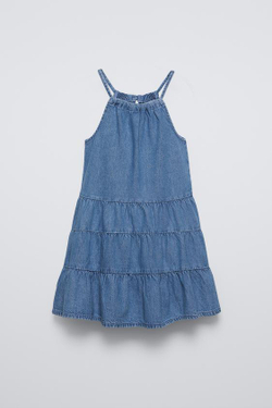 ZARA ЯРУСНОЕ ДЖИНСОВОЕ ПЛАТЬЕ, СИНИЙ
