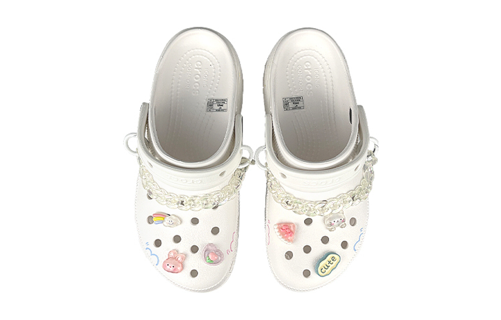 【Customized sneakers】 Crocs Classic clog comfortable and Versatile cloud rainbow splash ink laser chain hole shoes women's white pink blue