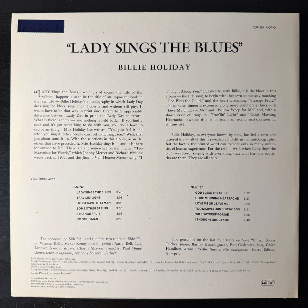 Billie Holiday ‎– Lady Sings The Blues (Германия 1981г.) Т