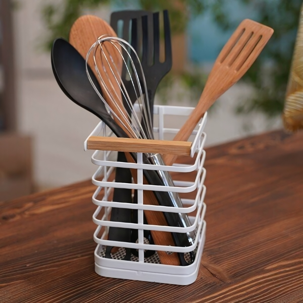 Подставка для столовых приборов H=145мм L=128мм металл+бамбук, цвет матовый белый