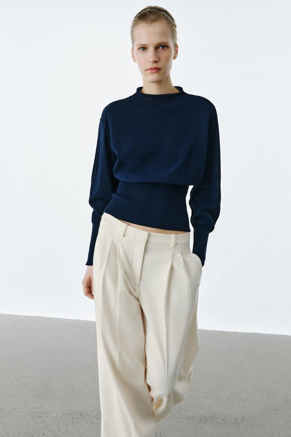 ZARA ВЯЗАНЫЙ ДЖЕМПЕР С ШИРОКИМ ПОЯСОМ, ЧЕРНИЛЬНО-СИНИЙ