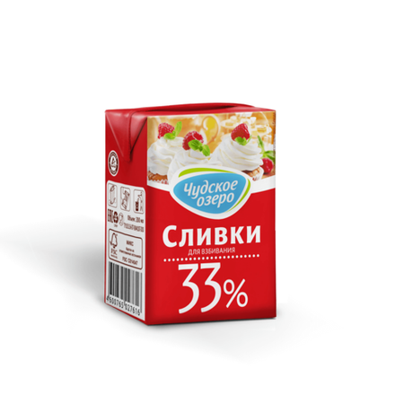 Сливки питьевые ультрапастеризованные ТМ "Чудское озеро", мдж 33 % 0,2 л