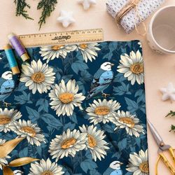 Ткань премиум мембрана птицы в ромашках