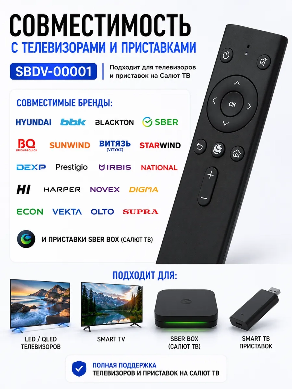 Пульт SBDV-00001 с голосовой функцией и батарейками в комплекте для телевизора Hyundai, BBK, Blackton, Sber, BQ (Bright&Quick), SUNWIND, Витязь (VITYAZ), STARWIND, DEXP, Prestigio, Irbis, National, HI, Harper, Novex, Digma, ECON, Vekta, OLTO, HBT014