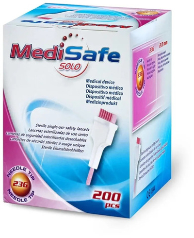 Ланцет автоматический MediSafe Solo игла 23G глубина прокола 2,0 мм (упаковка 200 шт)