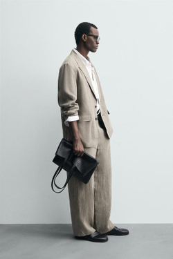 ZARA КОСТЮМНЫЕ БРЮКИ ИЗ 100% ЛЬНА С ЭФФЕКТОМ СТИРКИ, СЕРО-КОРИЧНЕВЫЙ