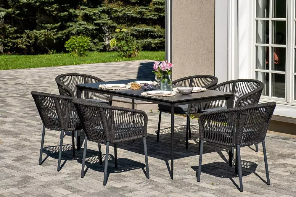 "Малага" обеденная группа на 6 персон со стульями "Марсель", каркас темно-серый, роуп темно-серый