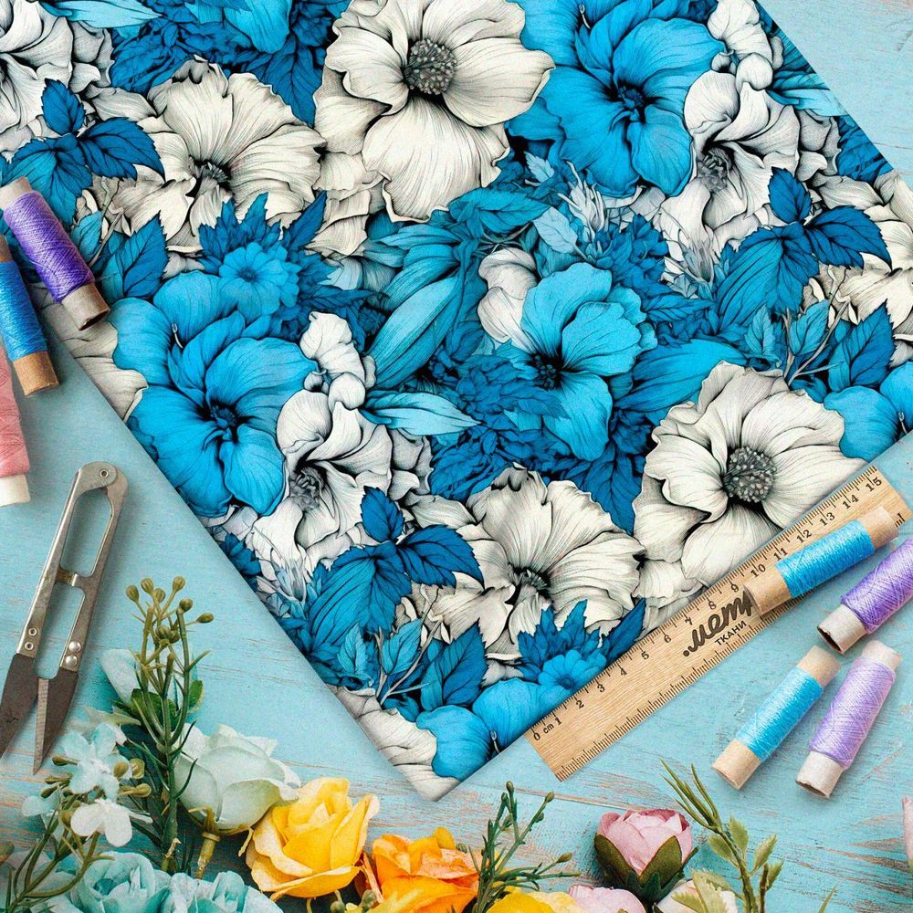 Ткань Ниагара Софт бело-голубой фантазийный цветник