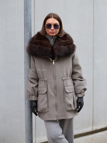 Cерая парка-трансформер из шерсти и кашемира с меховым воротником