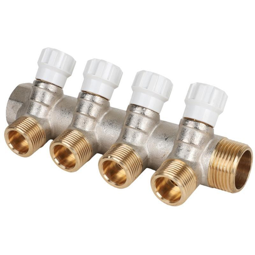 Коллектор латунный никелированный DN20, 4 выхода G 1/2 с вентилями, под евроконус, MVI MM.404.0504