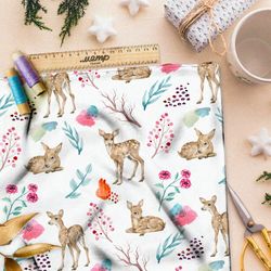 Ткань атлас оленята и веточки брусники на белом фоне