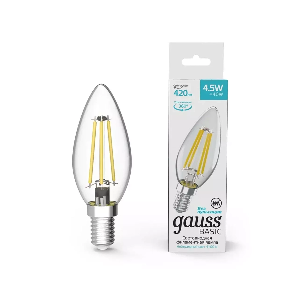 Лампа Gauss LED Filament Basic Свеча 4,5W Е14 420lm 4100К 1031215