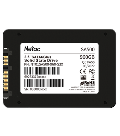 Ssd накопитель Netac SSD SA500 960GB 2.5 SATAIII 3D NAND, R/W up to 530/475MB/s, TBW 480TB, 3y wty