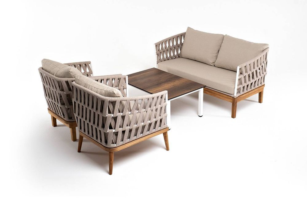 "Диего" лаунж-зона 4-местная плетеная из роупа со столиком "Канны" цвета "дуб", основание дуб, роуп бежевый