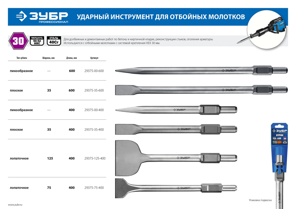 ЗУБР БУРАН, 75 х 400 мм, HEX 30, лопаточное зубило (29375-75-400)