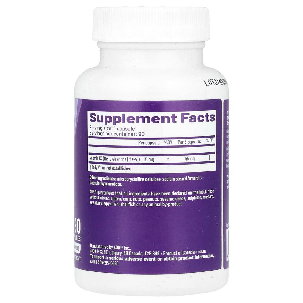 Advanced Orthomolecular Research AOR, Peak K2, 90 вегетарианских капсул