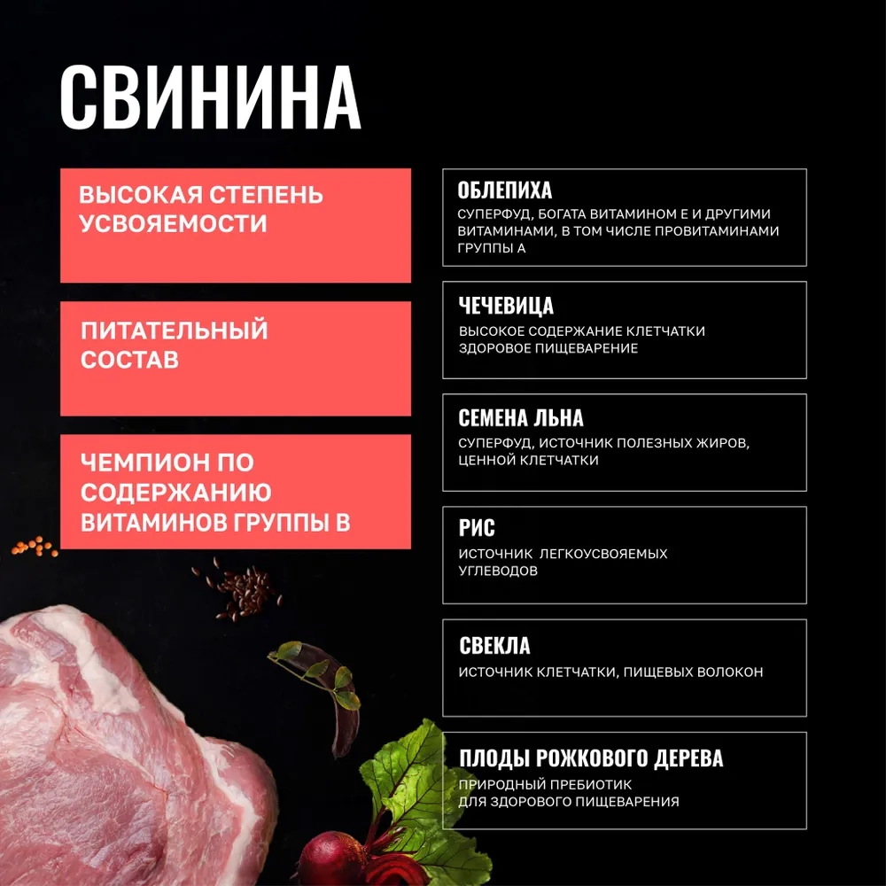 ОДНО МЯСО Сухой корм для взрослых собак всех пород со свининой, 2 кг