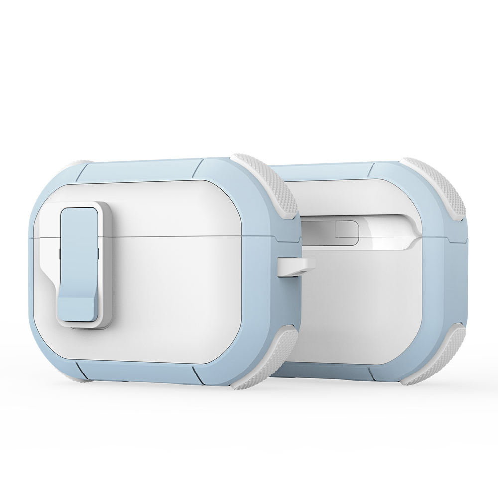 Чехол белый с синими вставками (WhiteBlue) от Dux Ducis для наушников AirPods Pro 2, серия PECP Series Case, в комплекте с карабином
