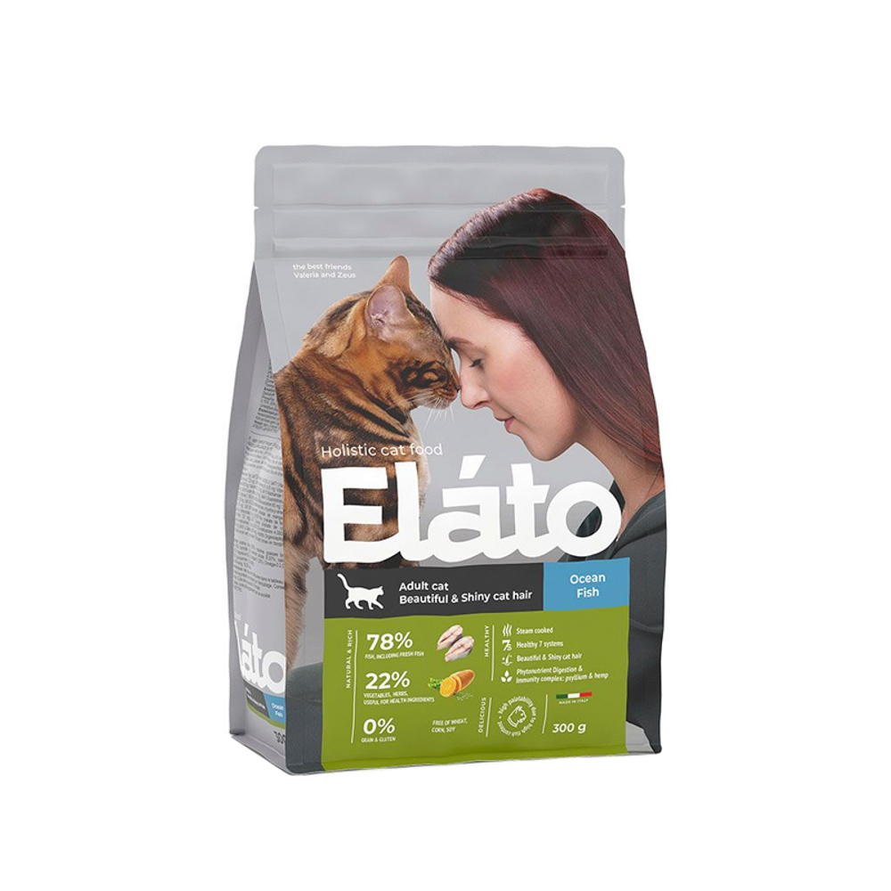Сухой корм для взрослых кошек для красивой и блестящей шерсти с рыбой Elato Holistic