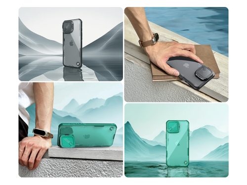 Чехол прозрачный серого цвета от Nillkin с металлической откидной крышкой для камеры на iPhone 16 Pro, серия Iceblade Prop Case