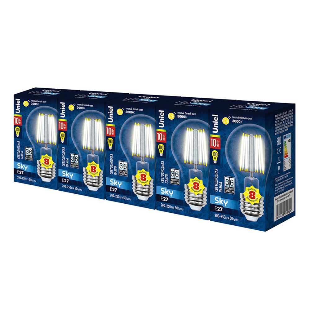 LED-A60-10W/WW/E27/CL PLS02WH Набор из 5штук Лампа светодиодная. Форма A прозрачная. Серия Sky. Теплый белый свет 3000K. Uniel