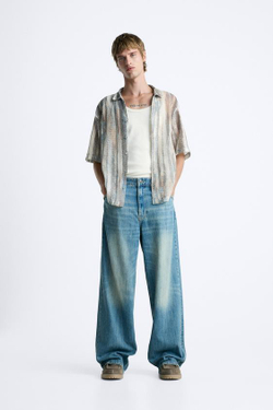 ZARA РУБАШКА АЖУРНОЙ ВЯЗКИ С АБСТРАКТНЫМ ПРИНТОМ, РЫЖЕВАТО-КОРИЧНЕВЫЙ