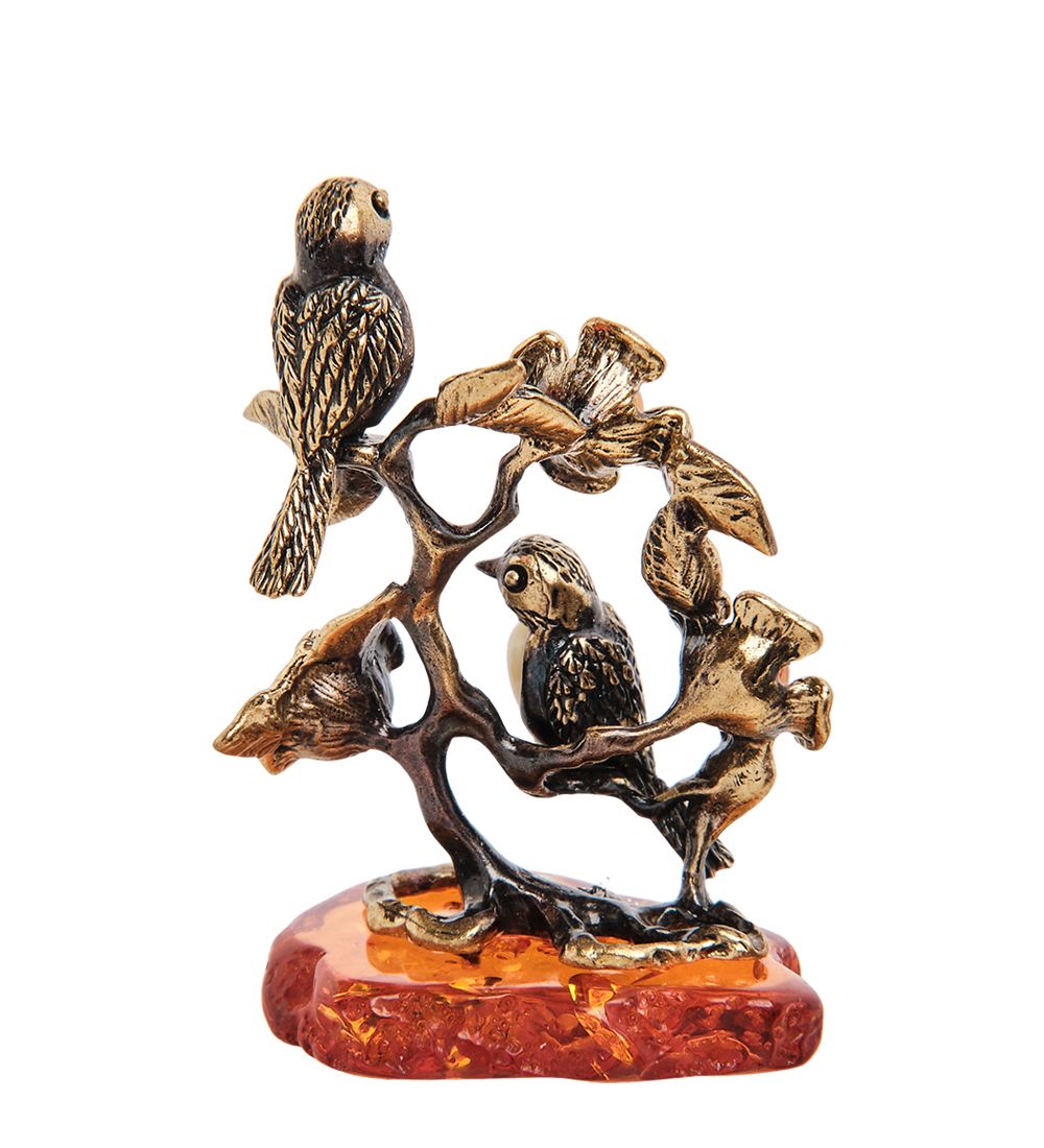 AM- 188 Фигурка «Птички Синички на веточке» (латунь, янтарь)