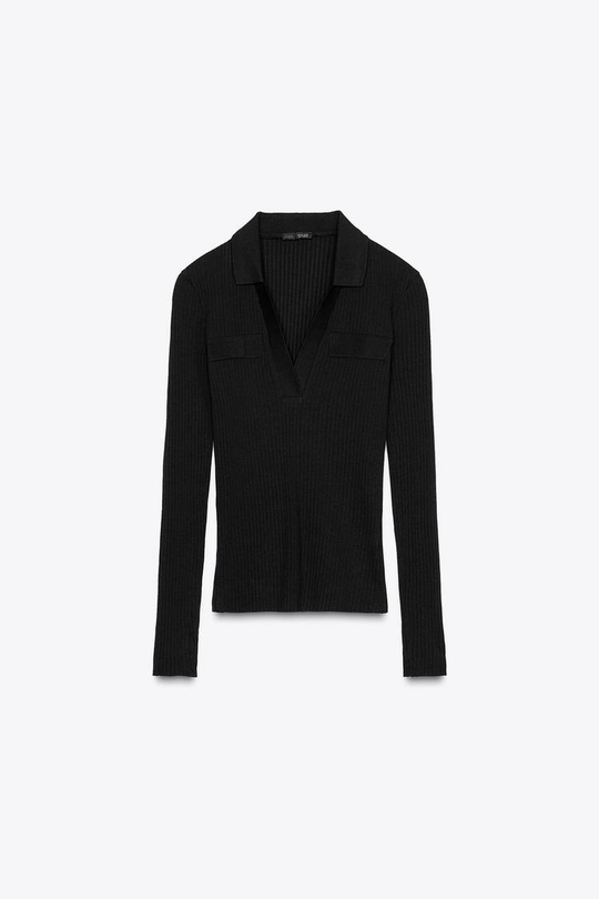 ZARA ФУТБОЛКА В РУБЧИК С ВОРОТНИКОМ ПОЛО, ЧЕРНЫЙ
